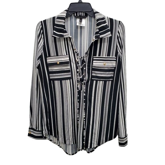 BCBGMaxAzria Women's Black & White Lace Up Neck L/S Liquid Knit Top Size S - Picture 1 of 5